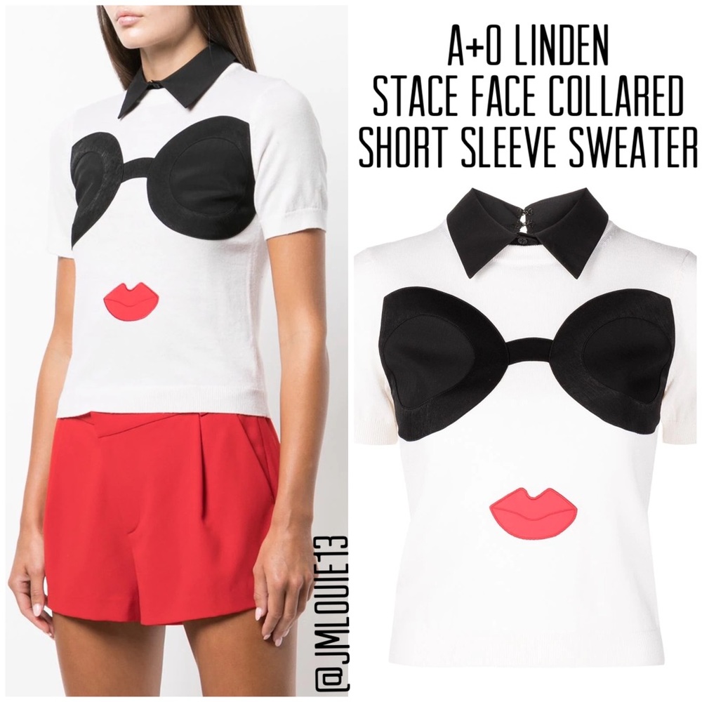 Alice + Olivia Linden Stace Face Collared Short Sleeve Sweater